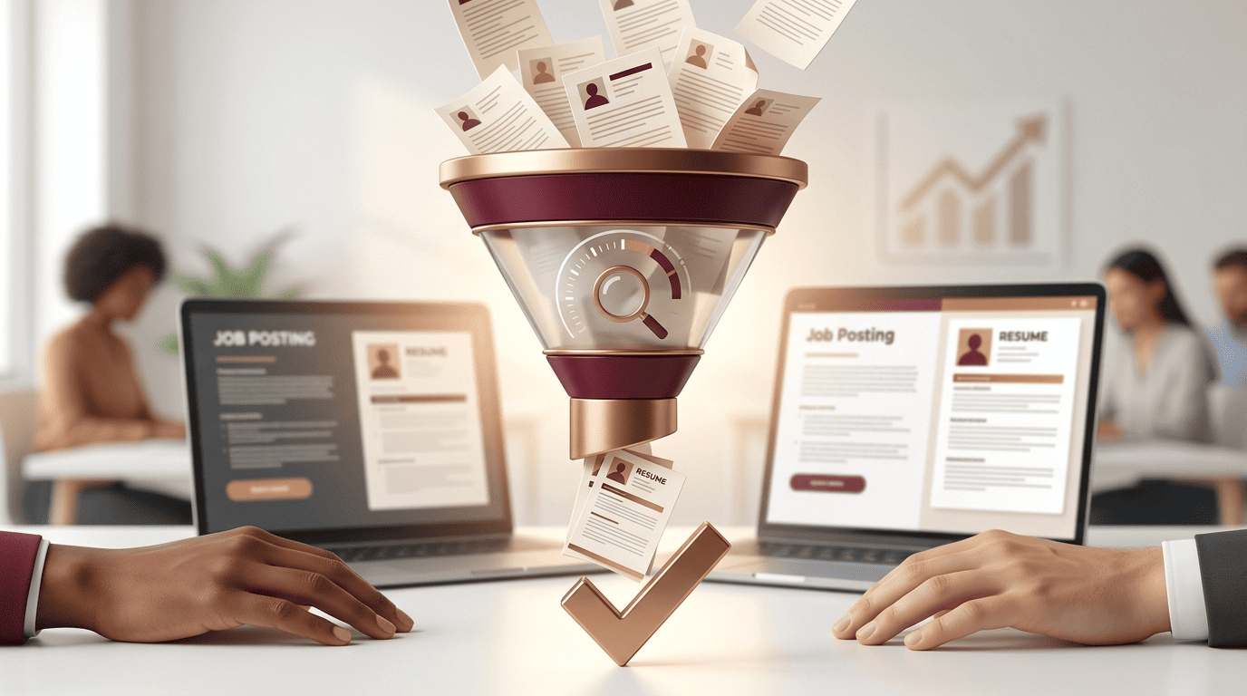 A funnel showing many resumes entering the top and only keyword-matched ones passing through to a checkmark