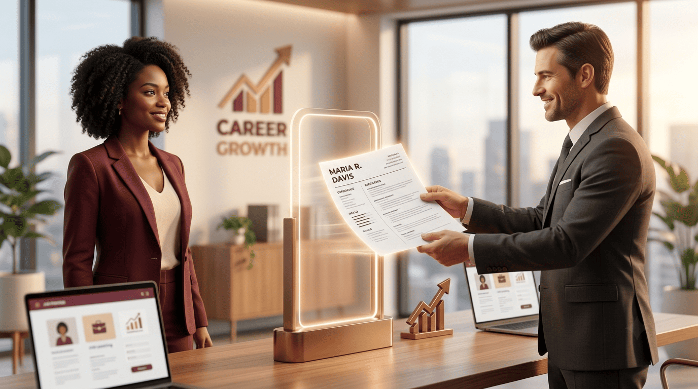 A clean resume document passing through a lit screening gate into a recruiter's hands with an upward growth chart behind