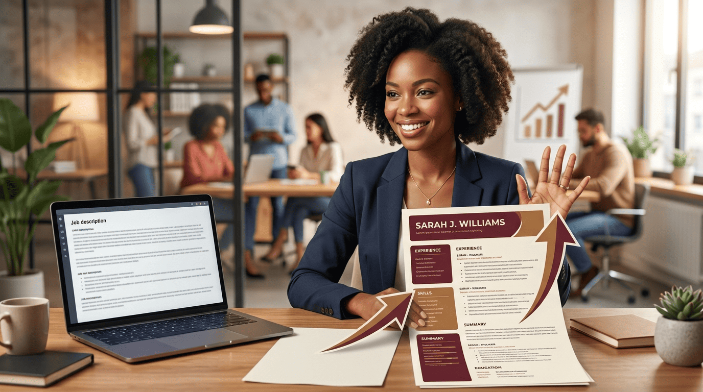 A job seeker holding a polished, refined resume next to a laptop showing a job description