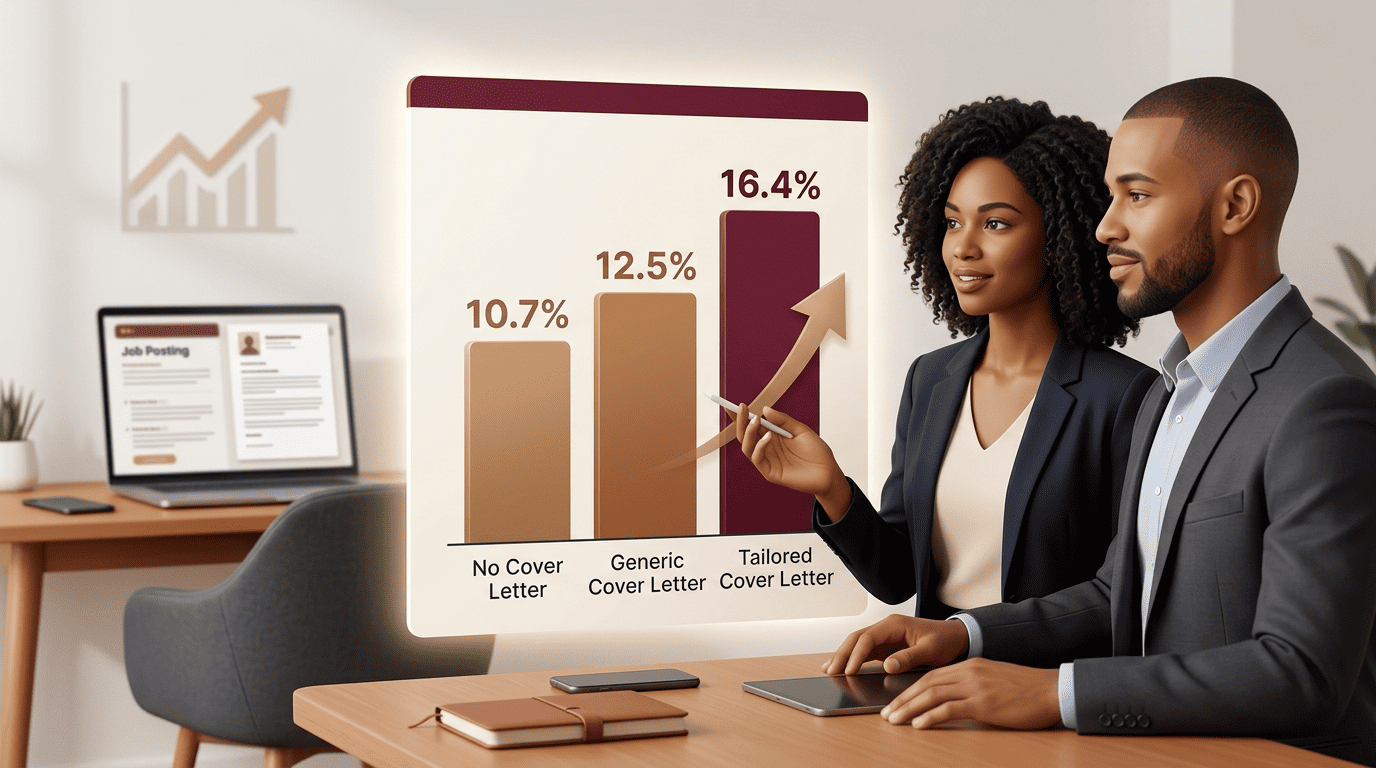 Bar chart comparing interview callback rates for no cover letter, a generic letter, and a tailored letter