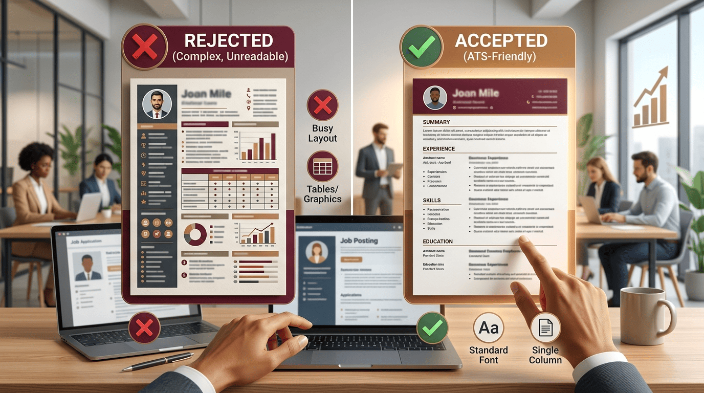 Side-by-side of a rejected multi-column resume with tables versus an accepted single-column layout