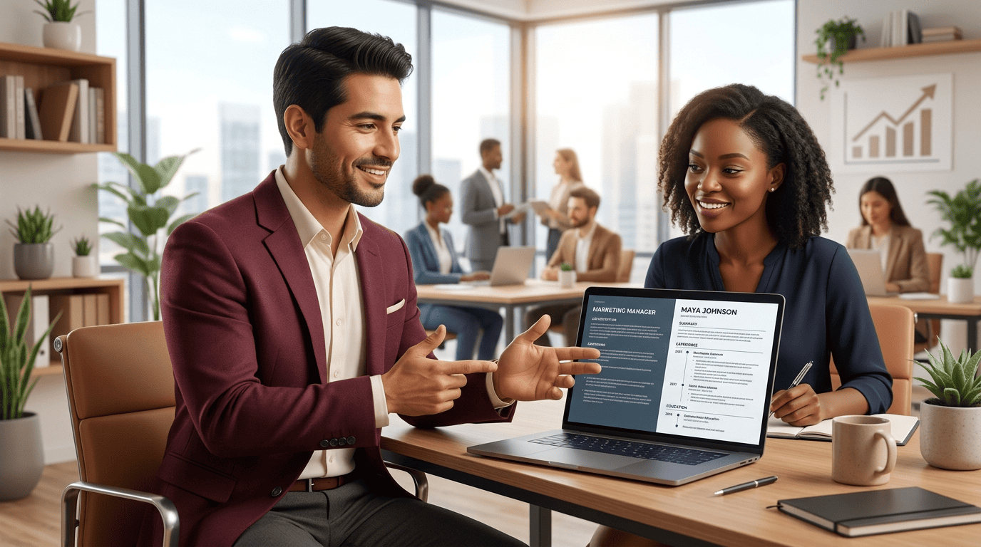 A career coach explaining a laptop screen showing a reverse-chronological resume timeline to a smiling job seeker
