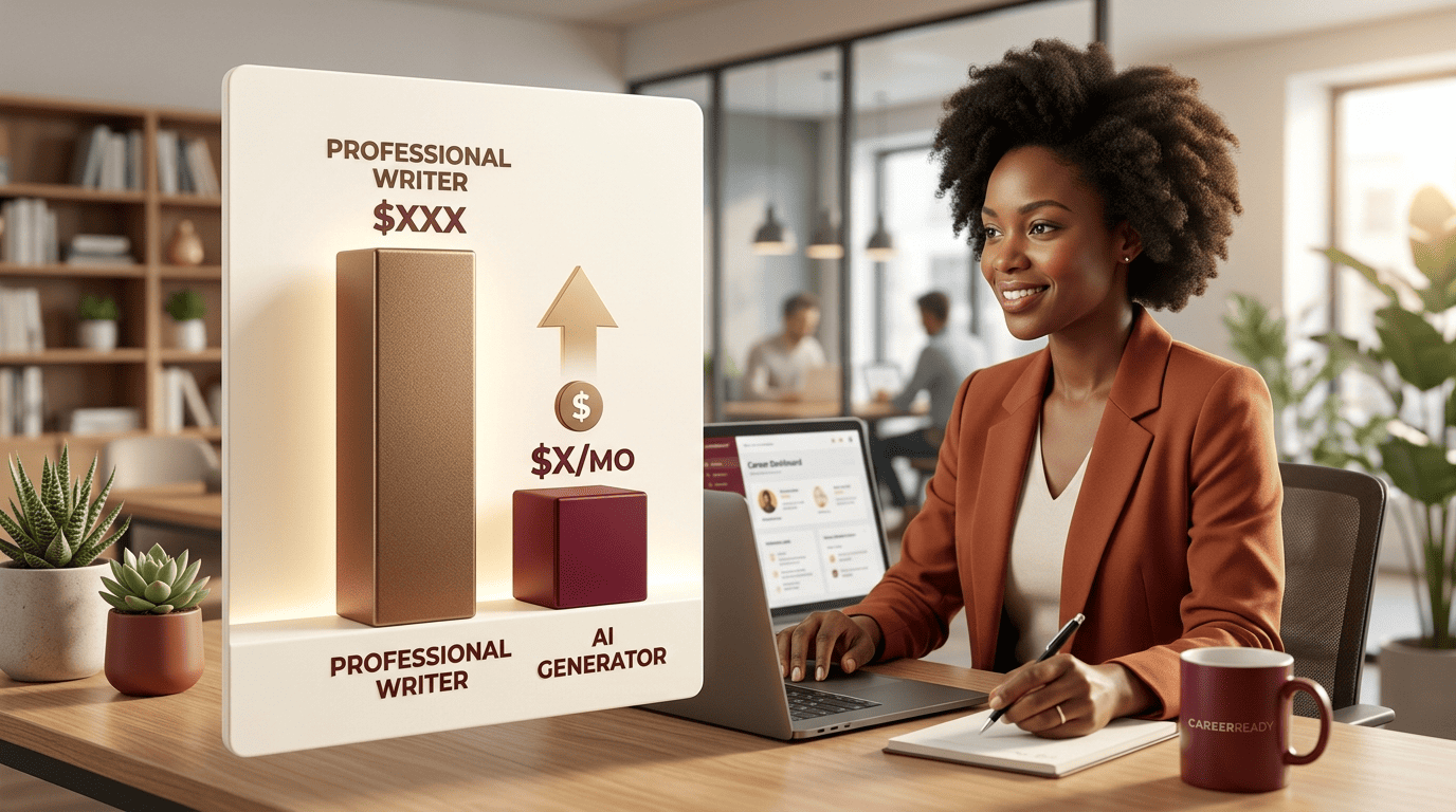 Bar chart contrasting a tall professional-writer price bar with a small monthly AI subscription bar