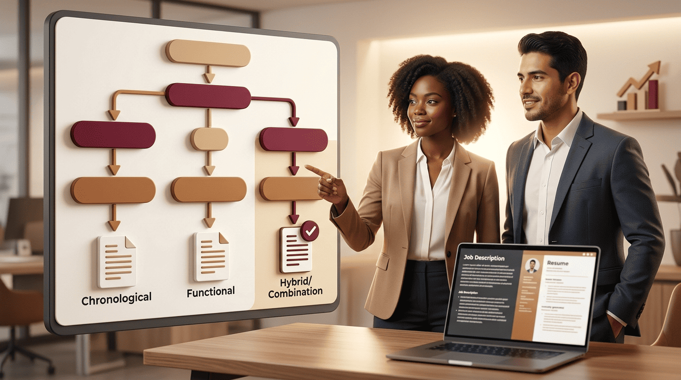 A branching flowchart on a board with a checkmark on the hybrid path as two professionals discuss it