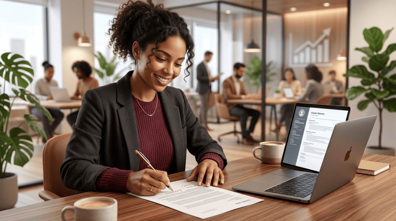 Job seeker at a coworking table lightly editing a printed cover letter draft with a pen next to a laptop