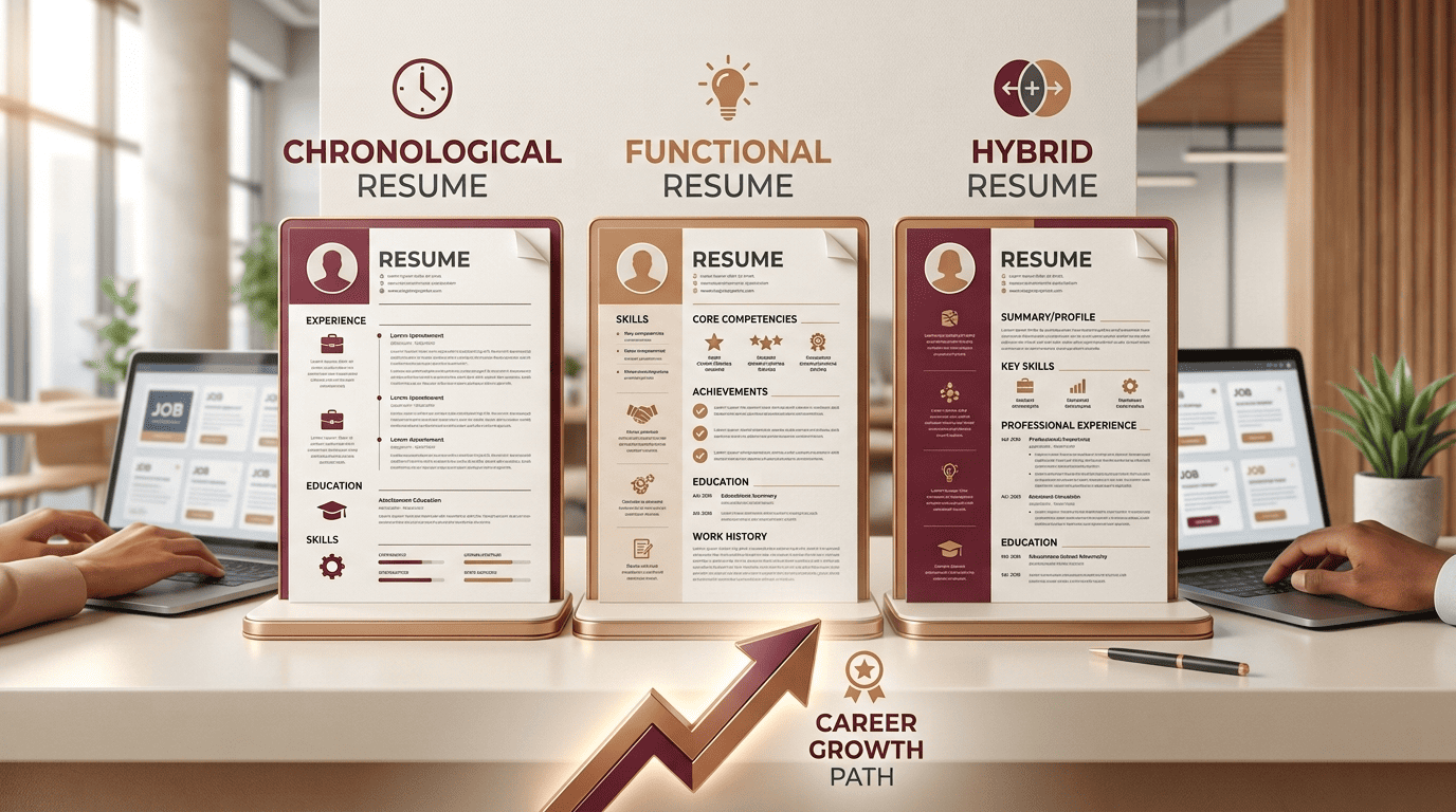 Three stylized resume documents shown side by side with different section arrangements and a rising career arrow