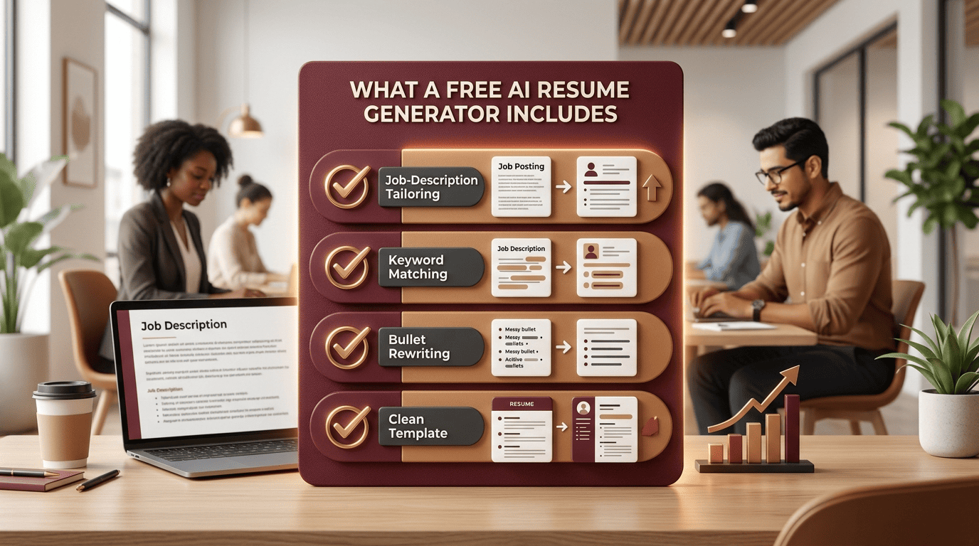 Infographic listing four capabilities with checkmarks beside a job seeker at a laptop
