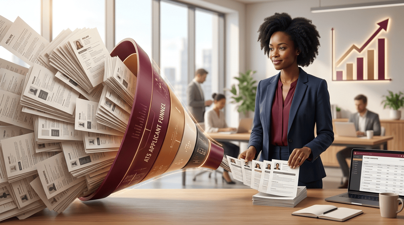 Hundreds of resumes narrowing through a funnel into a small shortlist beside a hiring manager