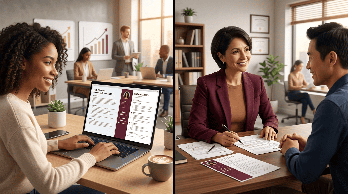 A job seeker generating a resume on a laptop beside a human writer consulting a client across a desk