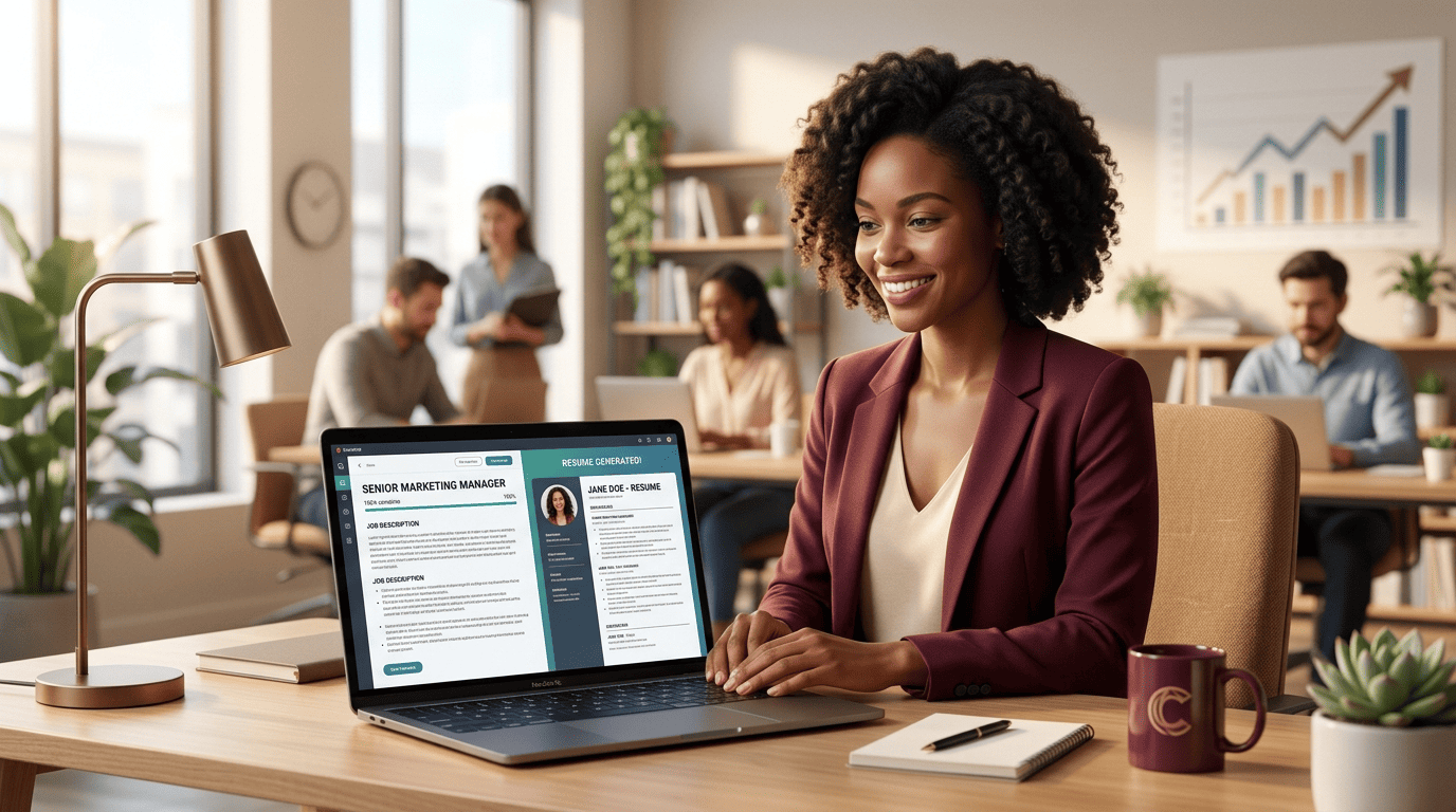 A job seeker at a bright desk watching a laptop turn a job posting into a matching resume