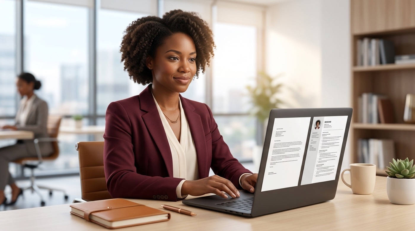 A formatted cover letter appearing beside a resume on a laptop screen