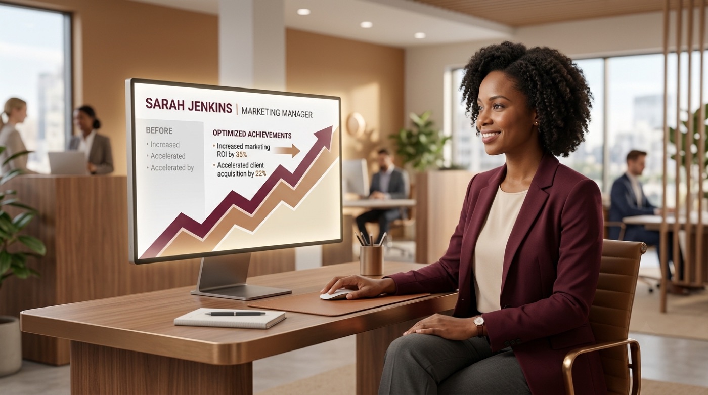 An existing resume being optimized and strengthened with an upward growth chart