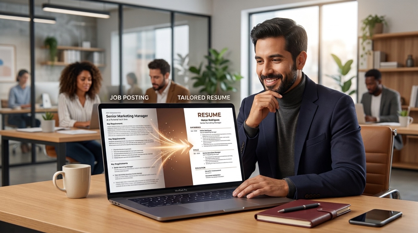 A job posting on a laptop turning into a polished tailored resume with a friendly career coach watching