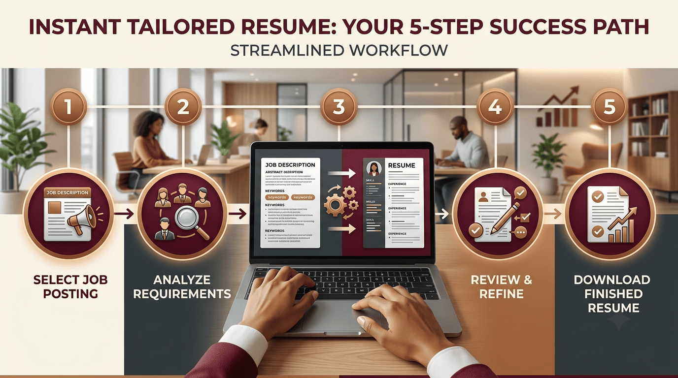 Five-step workflow from selecting a job posting to downloading a finished tailored resume