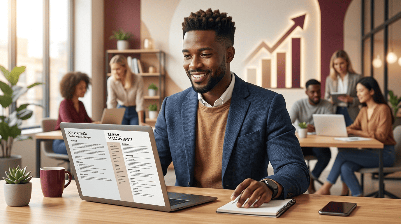 Confident job seeker reviewing a finished resume on a laptop in a bright coworking space