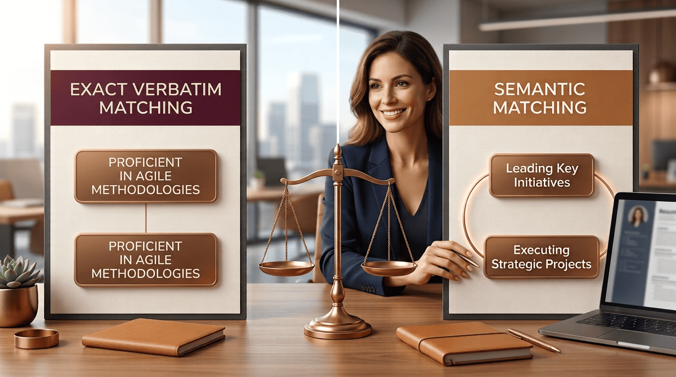 Split comparison panel of exact verbatim keyword matching versus semantic meaning-based matching with a balance scale
