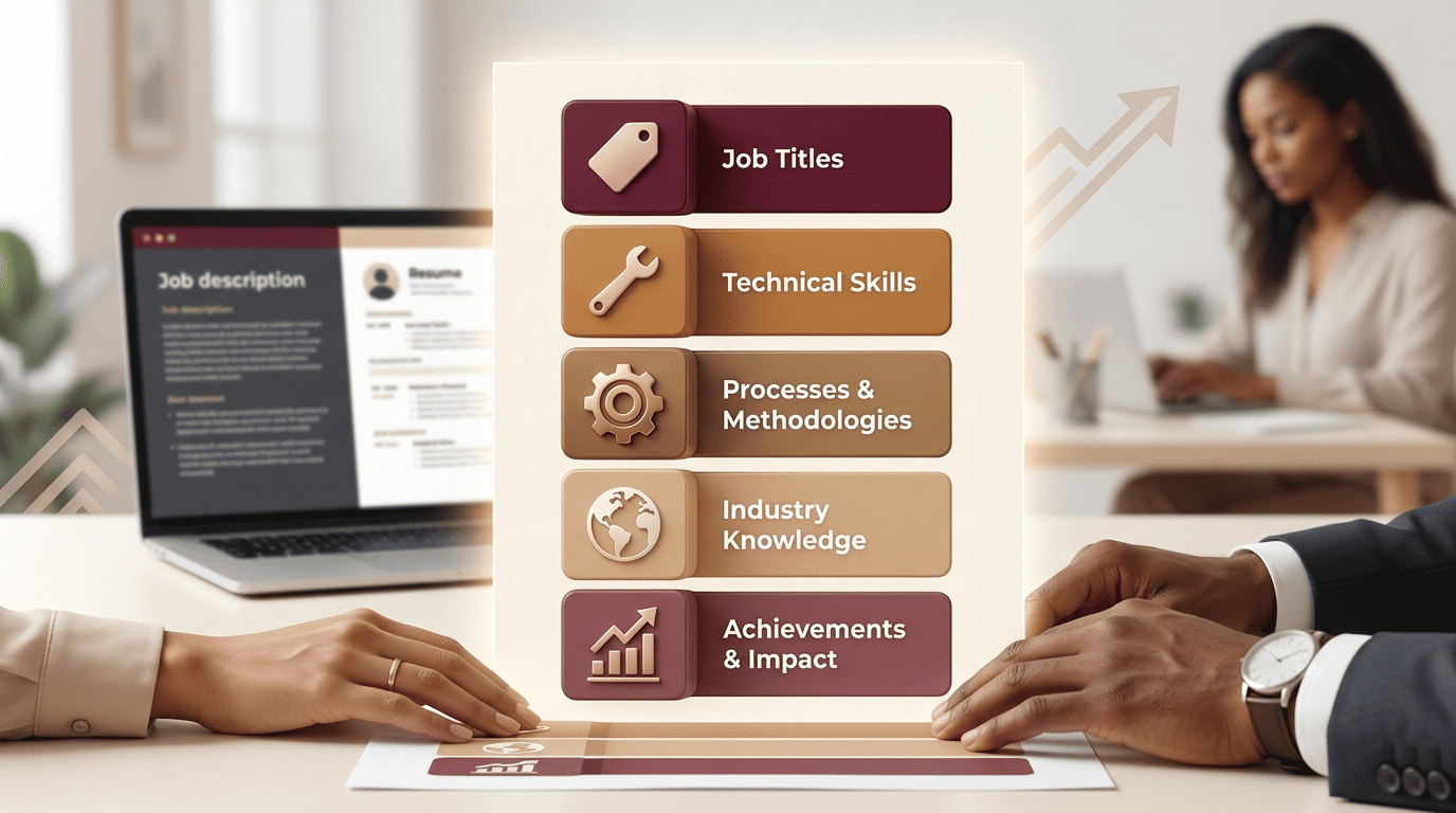 Infographic of five stacked keyword categories: job titles, technical skills, methods, industry, achievements