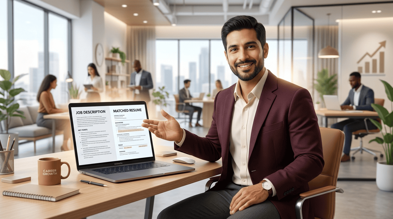 A career coach at a desk showing a laptop where a job description turns into a matching resume