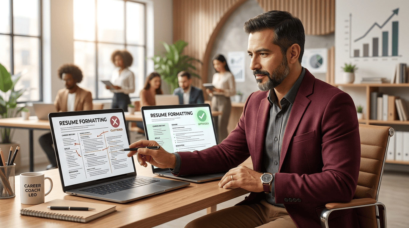 A coach comparing a cluttered multi-column resume marked with a red X against a clean single-column resume with a green check
