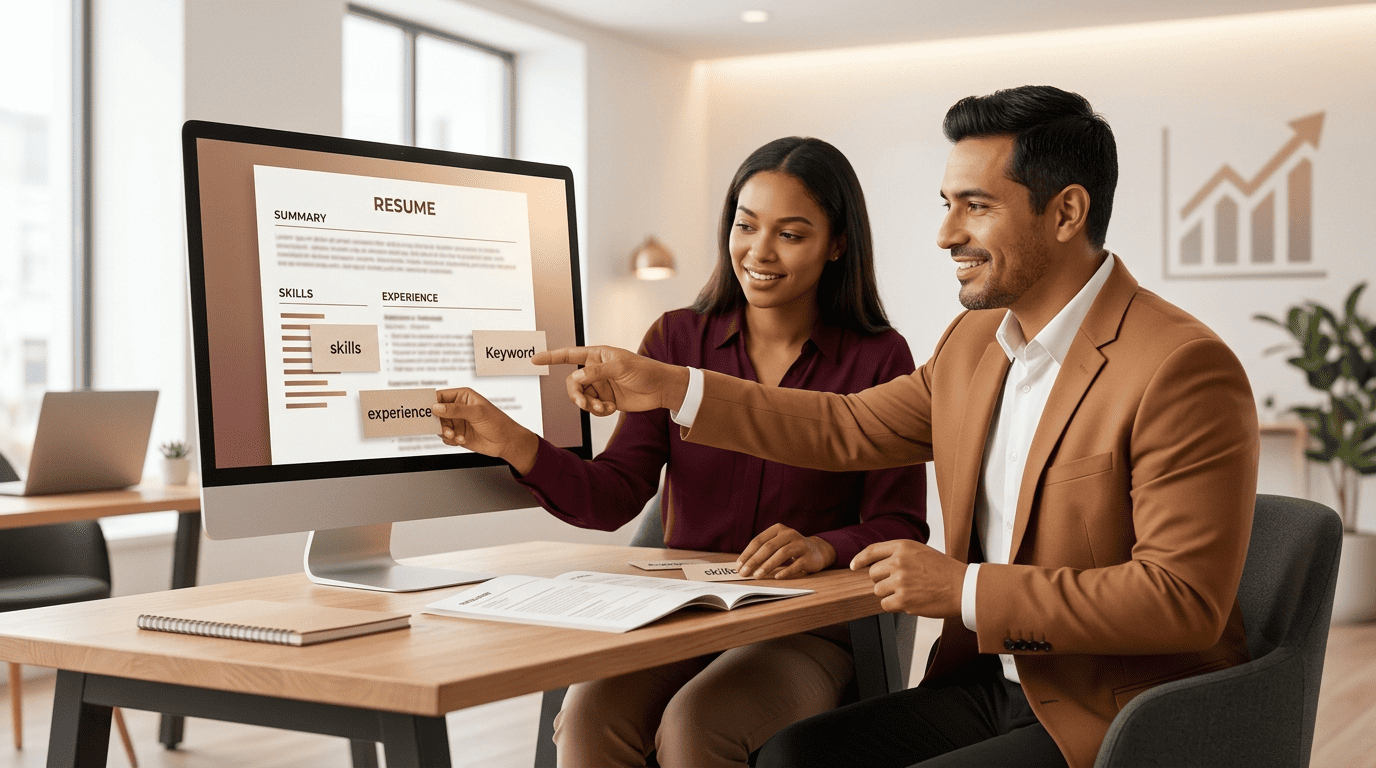 A coach helping a job seeker place keyword cards into the summary, skills, and experience sections on screen