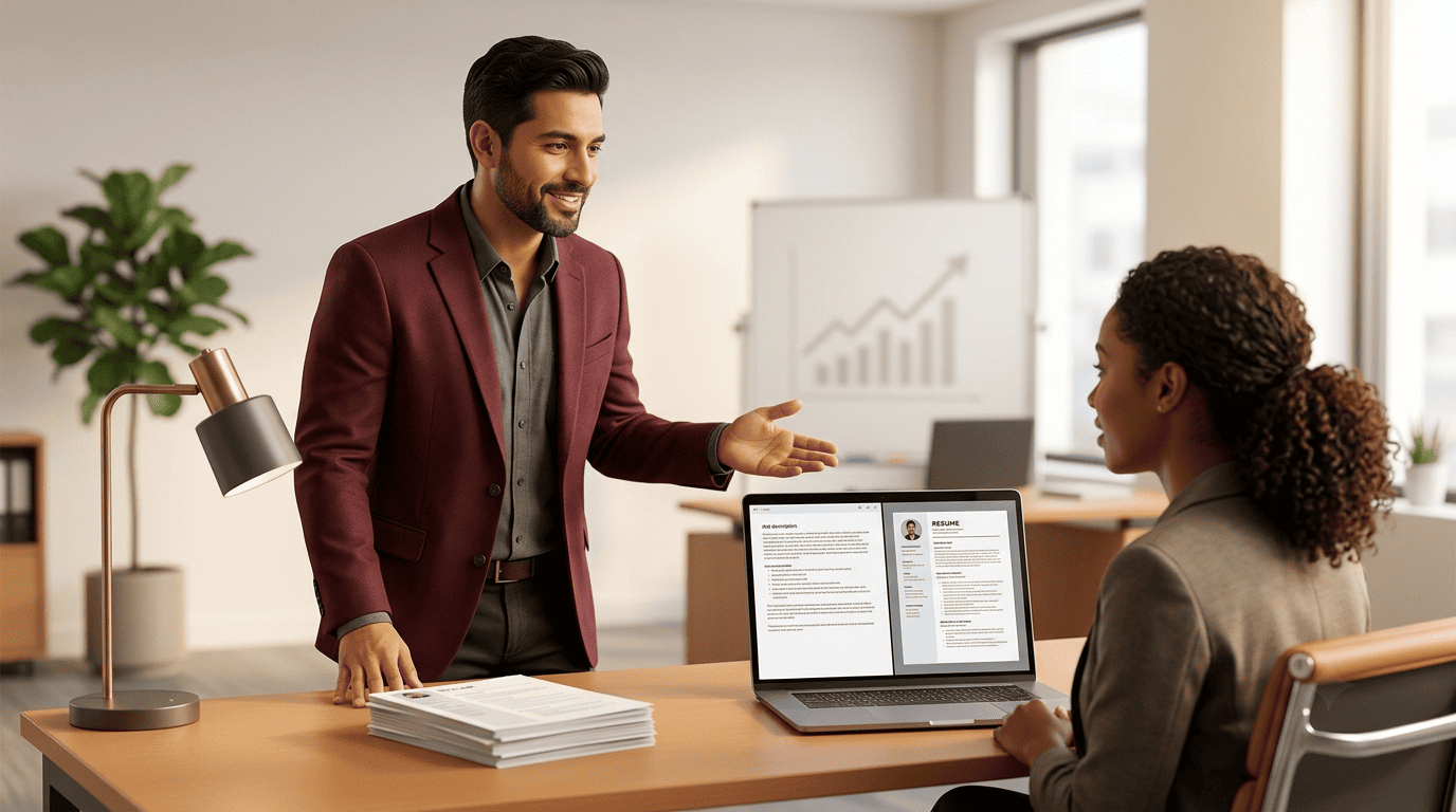 A career coach gesturing toward a laptop-generated resume and a printed professionally written resume for a seated job seeker