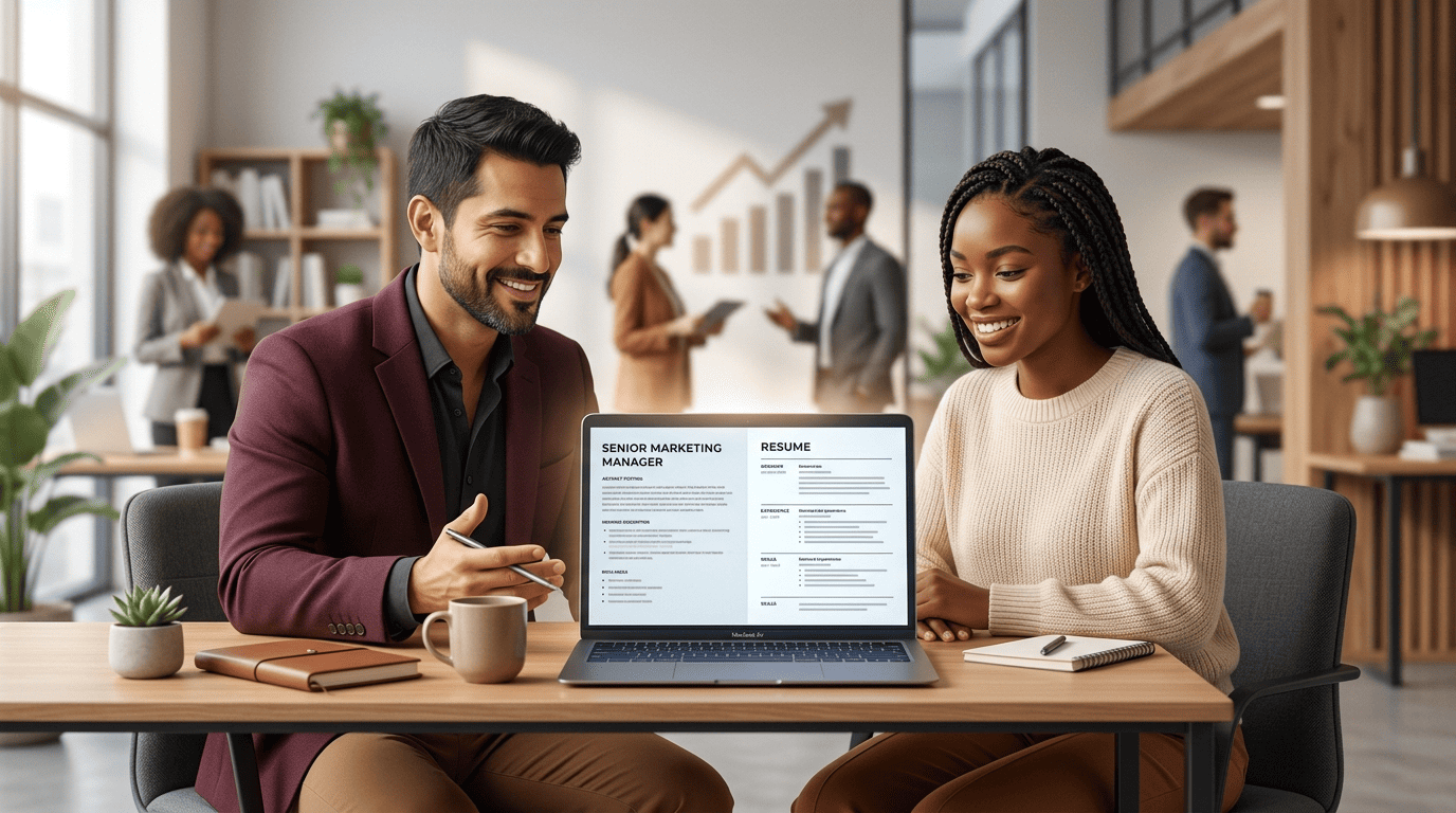 Career coach and job seeker watching a laptop turn a job posting into a matching resume