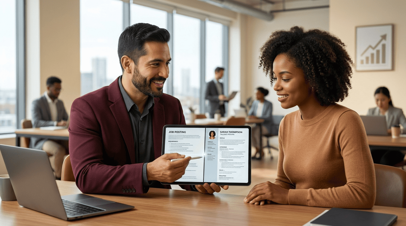 A career coach reviewing a tailored resume on a tablet with a job seeker at a desk