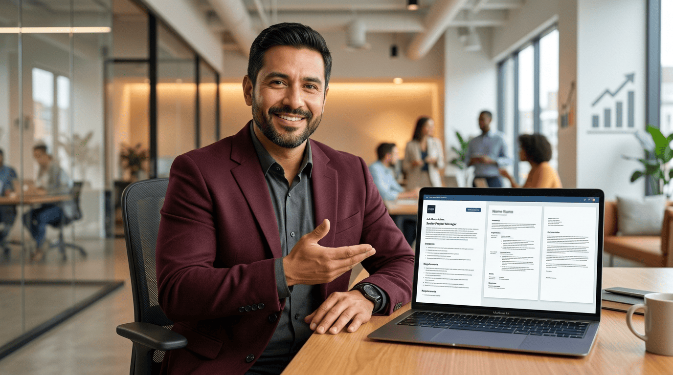 Career coach at a desk showing a job posting and a matching resume and cover letter appearing together on a laptop