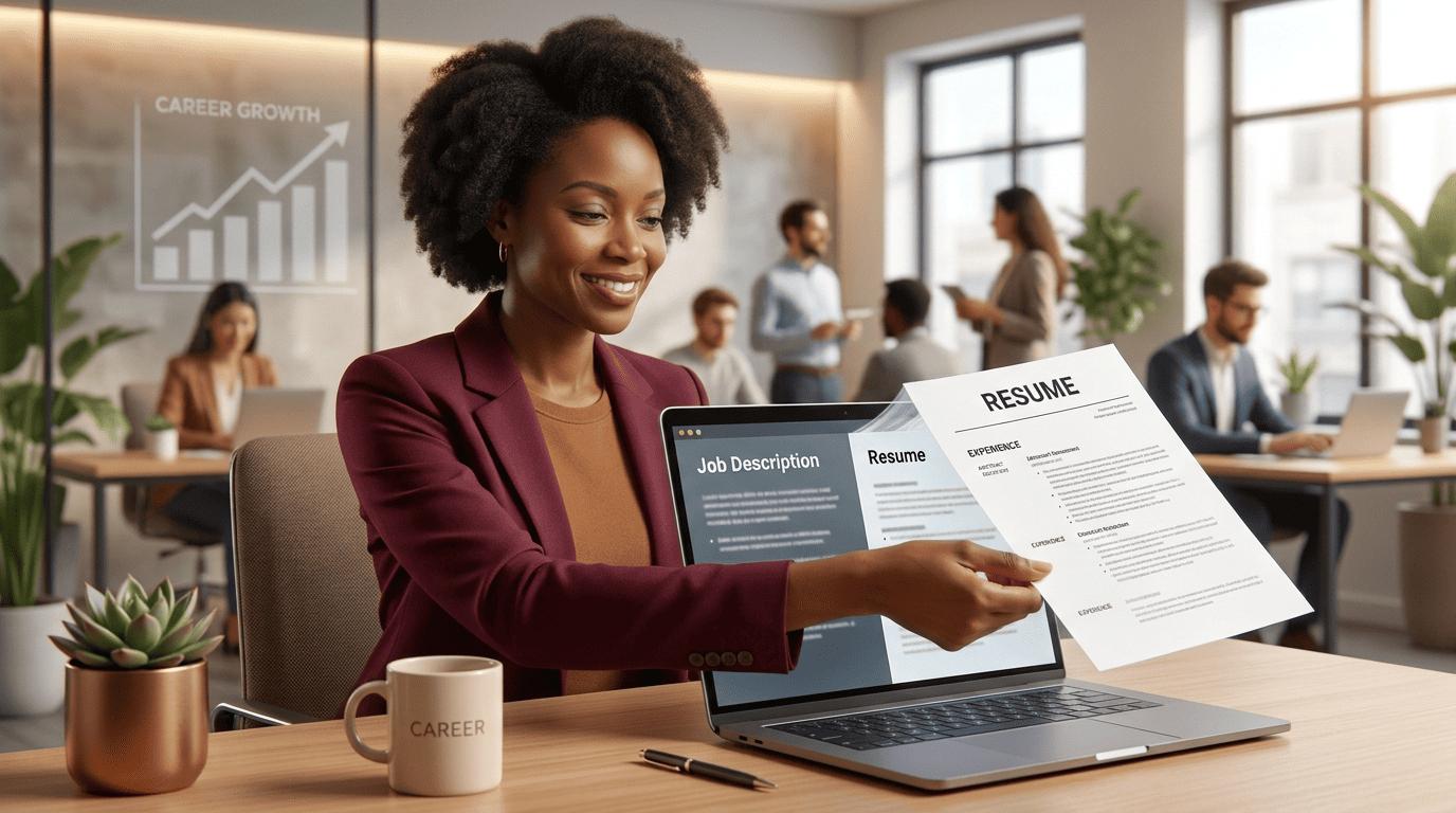 A polished resume moving cleanly from a laptop into a recruiter's hands at a desk