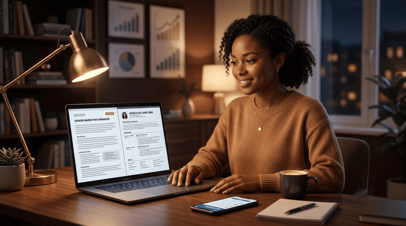 A professional reviewing a freshly generated resume on a laptop late at night at a home desk