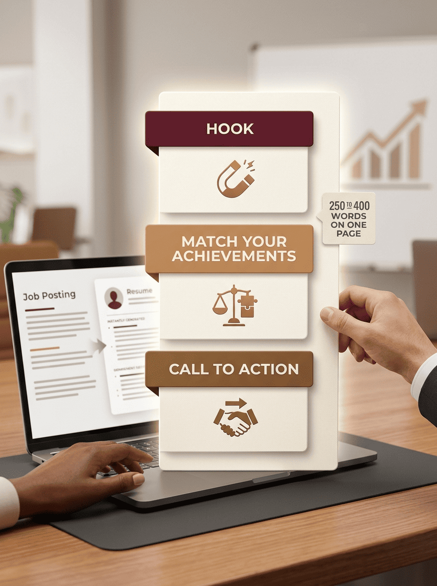 Vertical infographic showing the three parts of a cover letter: hook, achievement match, and call to action
