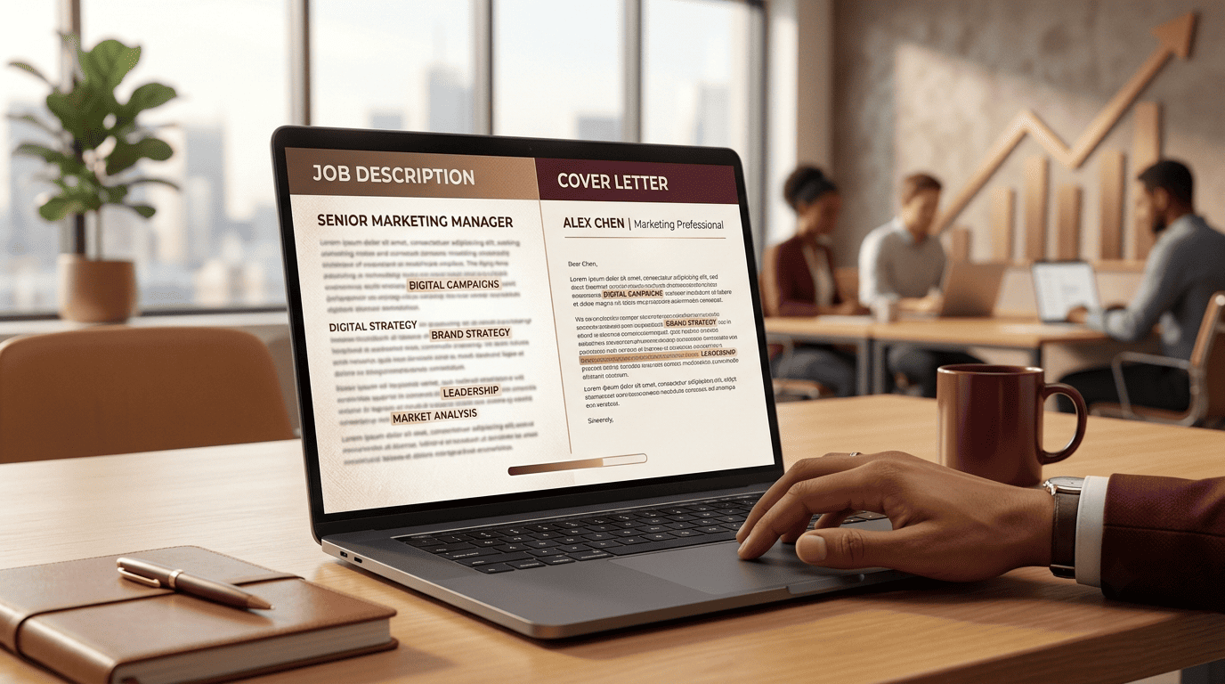 Laptop split screen with a job description on the left and a matching cover letter echoing the same keywords on the right