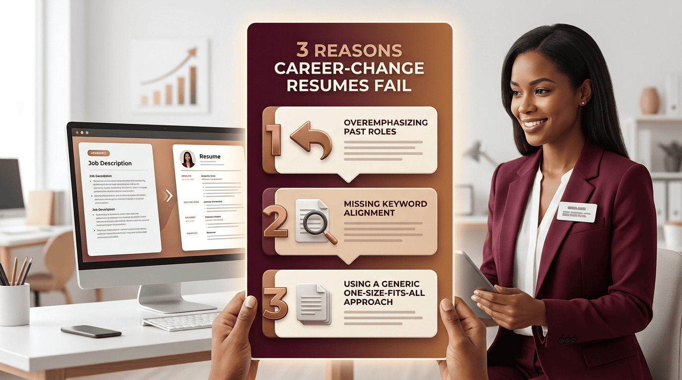 Infographic showing three reasons career-change resumes fail: backward roles, missing keywords, generic approach
