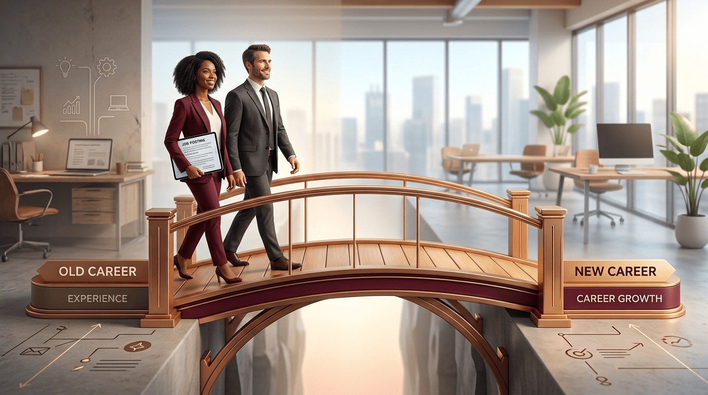 A bridge connecting an old career to a new career with skills crossing over it