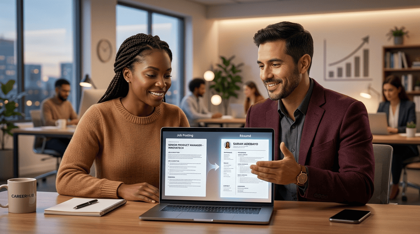 A career coach and a job seeker at a laptop watching a job posting transform into a matching resume