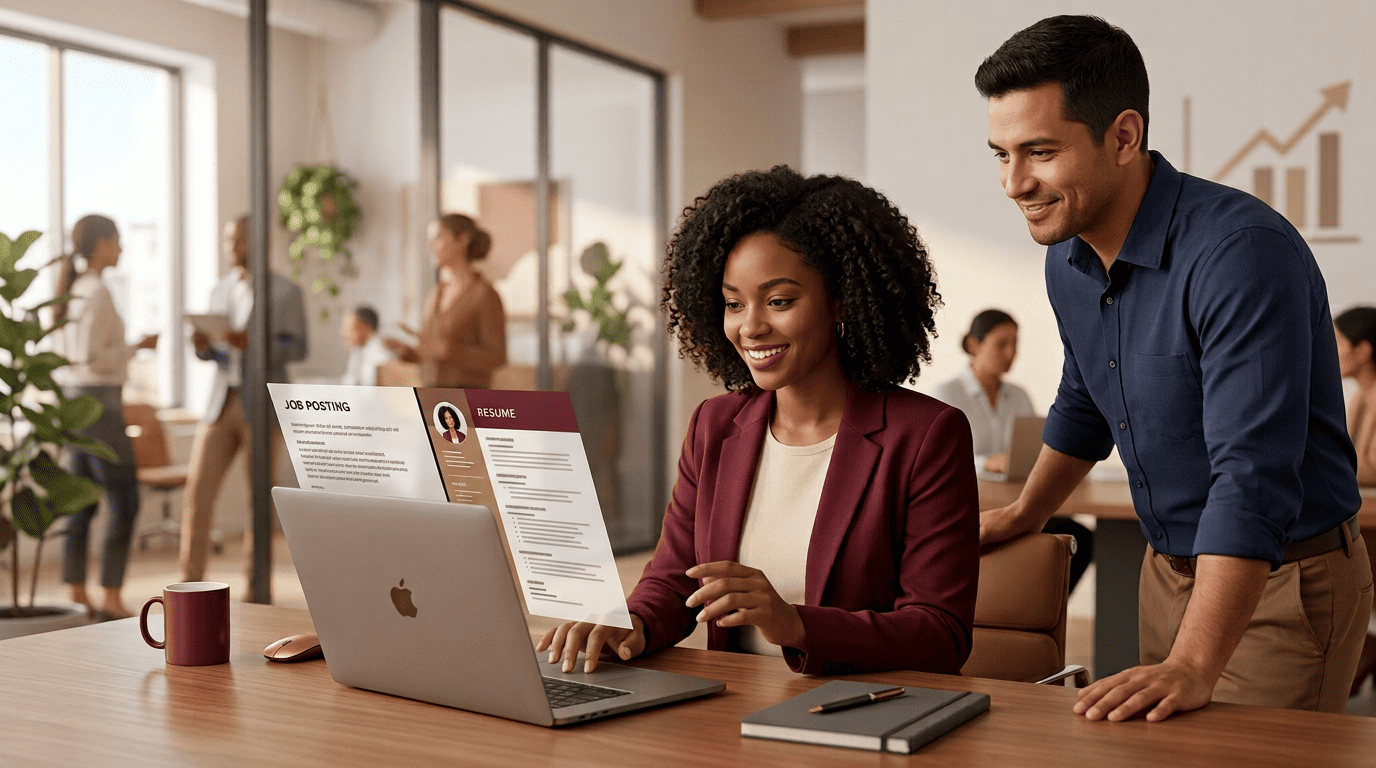 A job seeker at a laptop watching a tailored resume appear beside a pasted job posting as a coach looks on