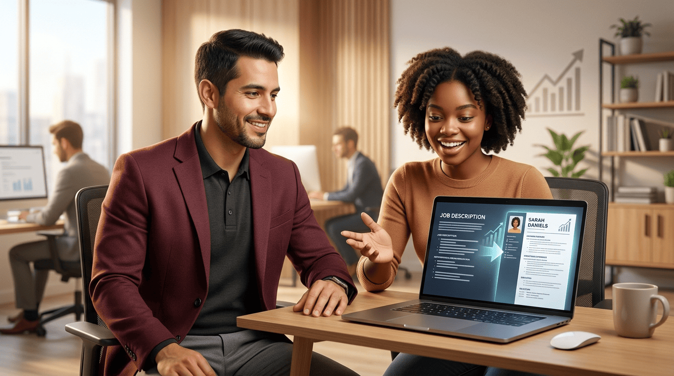 A career coach and a job seeker at a laptop turning a job posting into a tailored resume